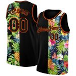 Personalized Tropical Pineapples and Palm Leaves Basketball Jersey, Black and Orange Design, Customizable Apparel Personalized