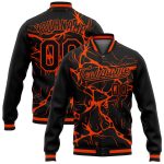 Custom Name Number Bomber Jacket for Team, Personalized Black Orange 3D Pattern Design, Full-Snap Varsity Letterman Style