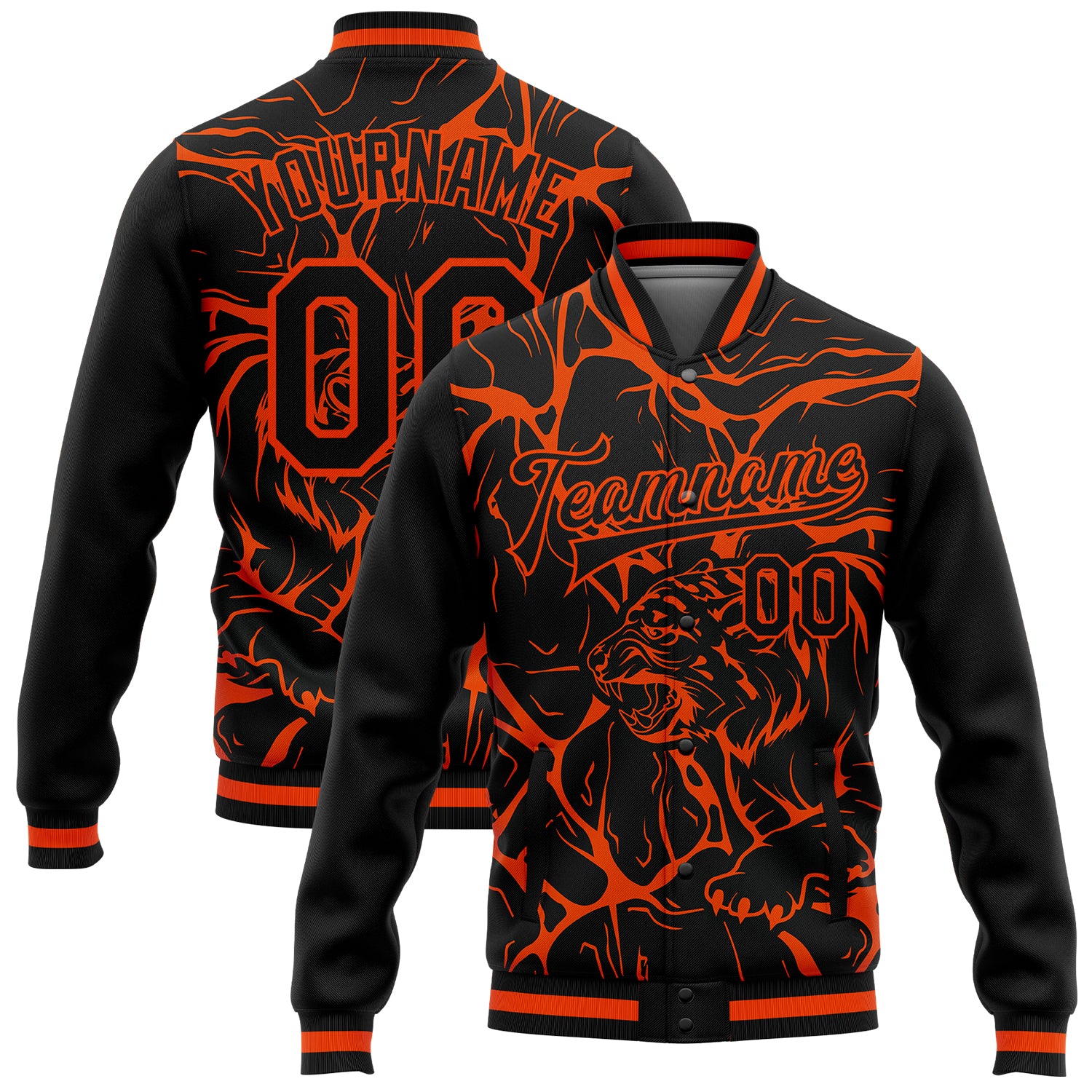 Custom Name Number Black Orange Tiger 3D Pattern Bomber Varsity Jacket Full-Snap Design Personalized Black Orange Abstract