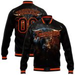 Custom Name Number Personalized Black Orange Bull Face 3D Pattern Varsity Letterman Bomber Jacket Personalized Black Orange