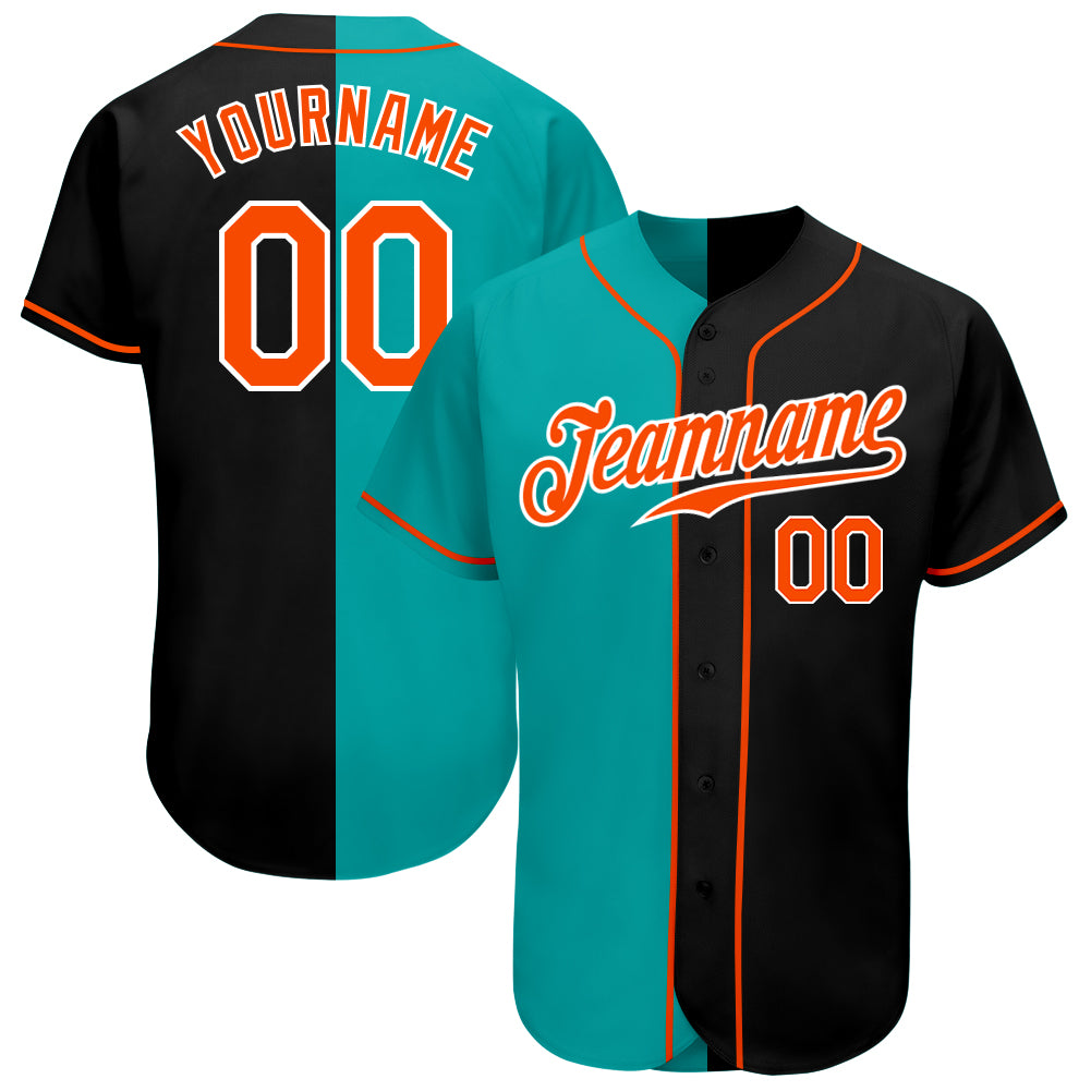 Personalized Baseball Jersey - Black Orange Aqua Split Fashion Design Personalized Black Orange-Aqua Split Fashion Baseball