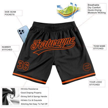 Custom Team Name Number Authentic Black Orange Throwback Basketball Shorts Personalized Personalized Black Orange Authentic