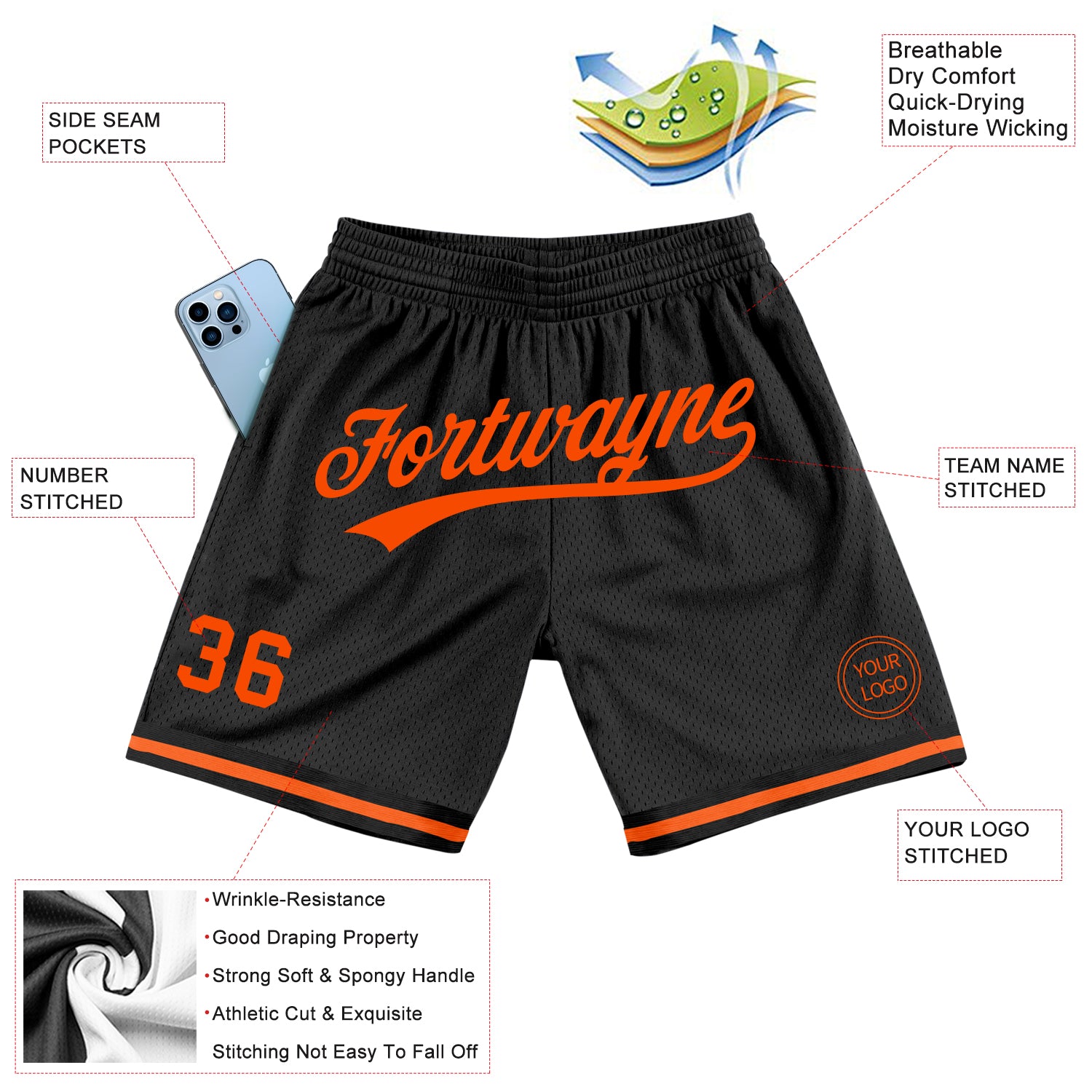 Personalized Black Orange Authentic Throwback Basketball Shorts Personalized Black Orange Basketball Shorts - Authentic Throwback Style Personalized Black Orange Authentic Throwback Basketball - Image 2
