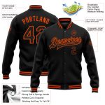 Custom Name and Number Personalized Varsity Letterman Jacket Black Orange Bomber Full-Snap Personalized Black Orange Bomber