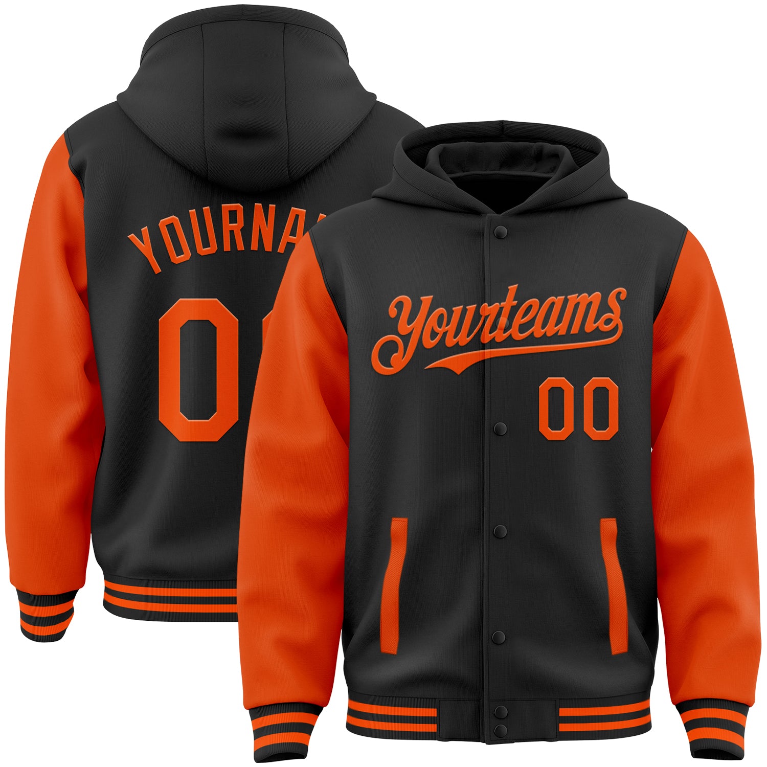 Personalized Two Tone Black Orange Varsity Letterman Bomber Jacket Hoodie Full-Snap Personalized Black Orange Bomber Full-Snap
