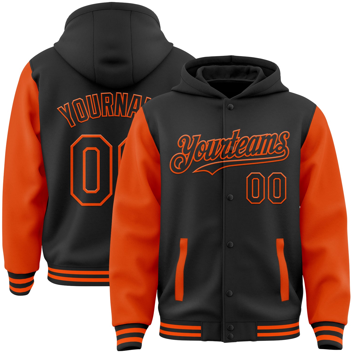 Custom Name Number Two Tone Bomber Hoodie Jacket Black Orange Varsity Letterman Full-Snap Personalized Apparel Personalized