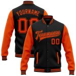Personalized Varsity Letterman Bomber Jacket Black Orange Two Tone Full-Snap Personalized Black Orange Bomber Full-Snap Varsity