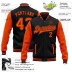 Personalized Varsity Letterman Bomber Jacket Black Orange Two Tone Full-Snap Personalized Black Orange Bomber Full-Snap Varsity