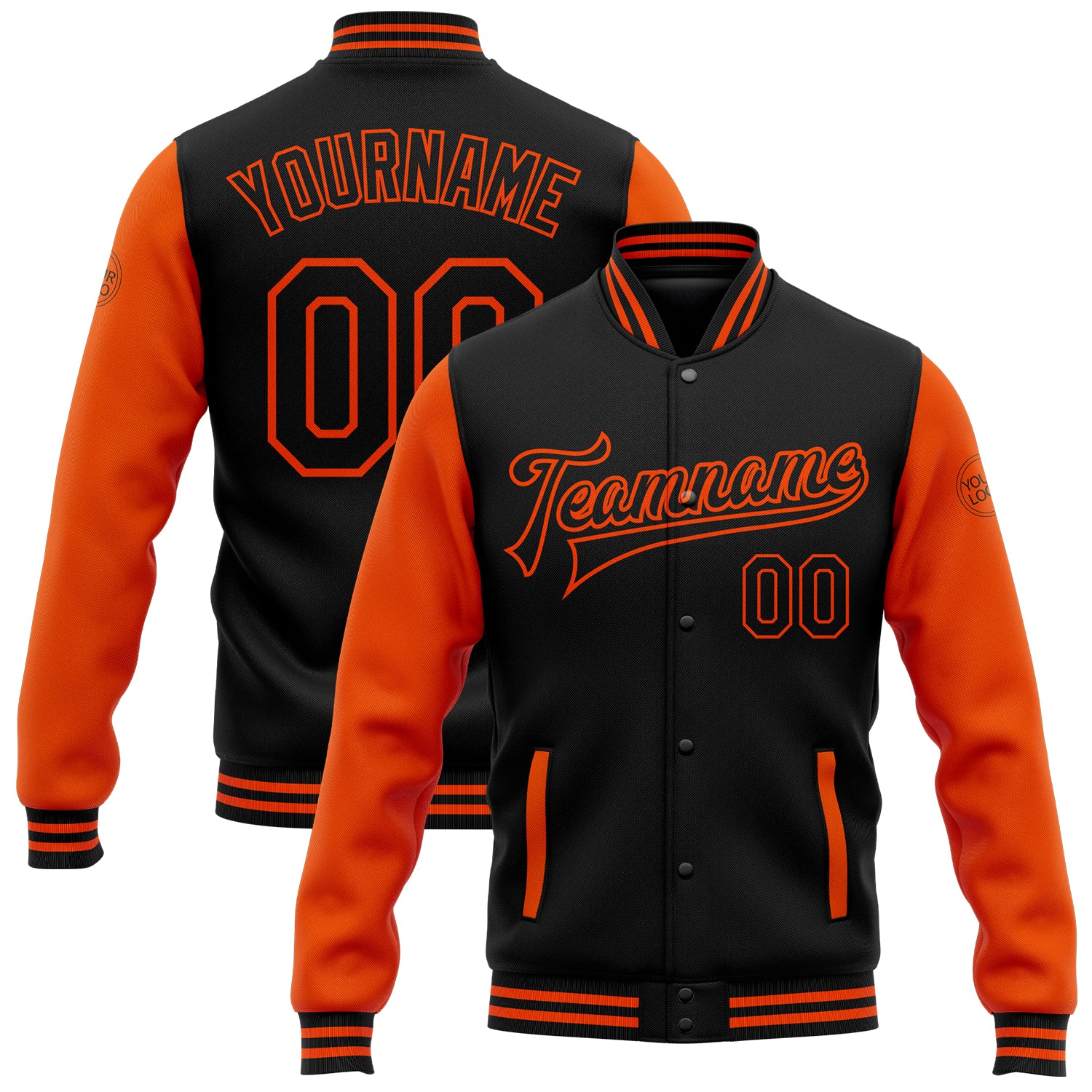 Personalized Black Orange Varsity Letterman Bomber Jacket Full-Snap Two Tone Personalized Black Orange Bomber Full-Snap Varsity