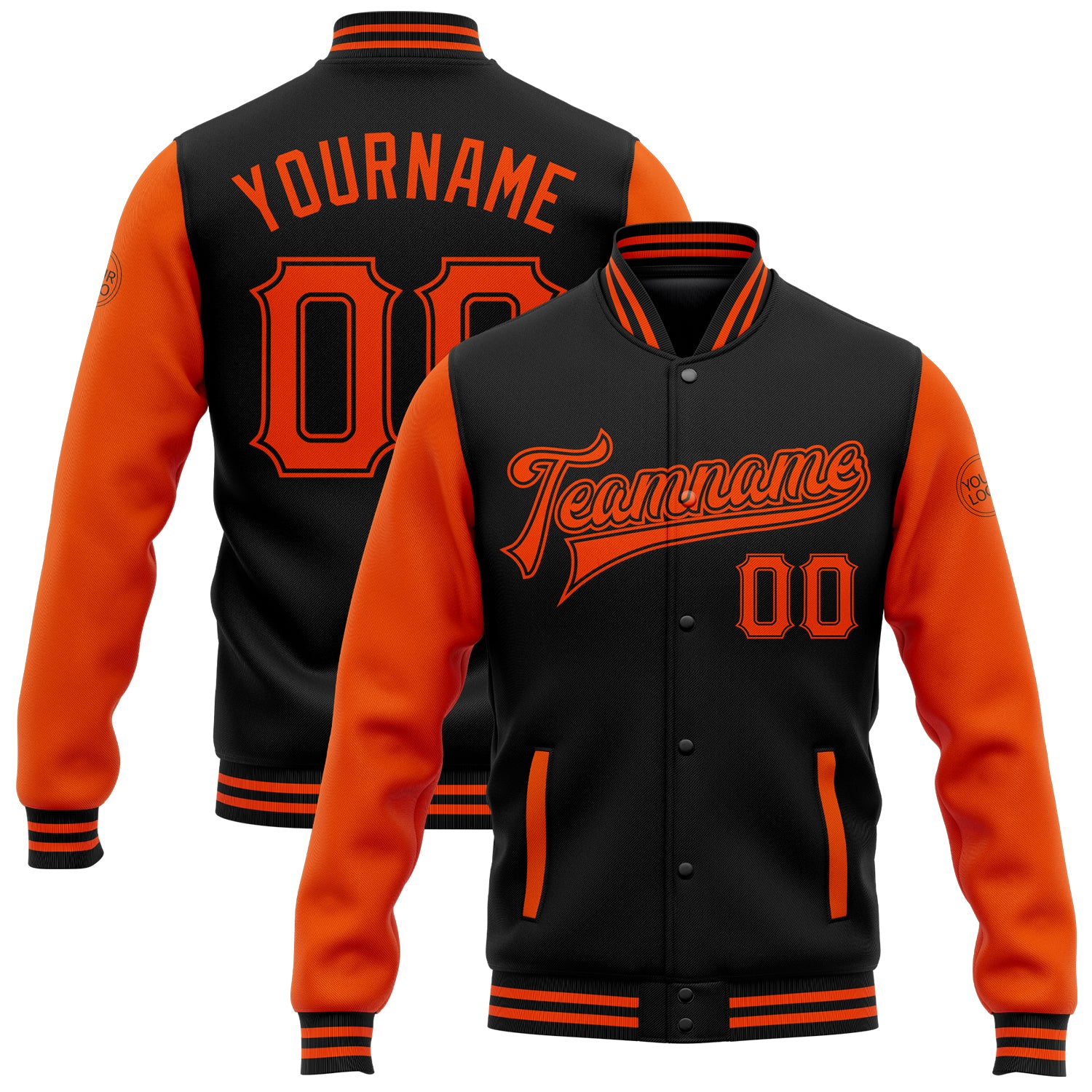 Personalized Black Orange Varsity Letterman Bomber Jacket - Full-Snap Two Tone Design Personalized Black Orange Bomber Full-Snap