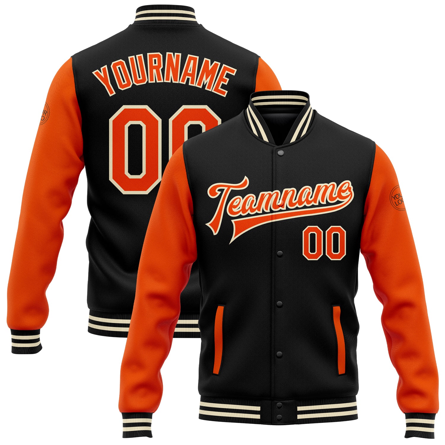 Personalized Two Tone Black Orange-Cream Bomber Varsity Letterman Full-Snap Jacket Personalized Black Orange-Cream Bomber