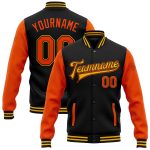 Personalized Two-Tone Black Orange Gold Bomber Varsity Letterman Jacket Full-Snap Personalized Black Orange-Gold Bomber Full-Snap