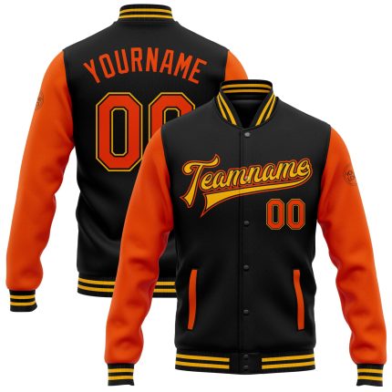 Personalized Two-Tone Black Orange Gold Bomber Varsity Letterman Jacket Full-Snap Personalized Black Orange-Gold Bomber Full-Snap
