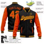 Personalized Two-Tone Black Orange Gold Bomber Varsity Letterman Jacket Full-Snap Personalized Black Orange-Gold Bomber Full-Snap