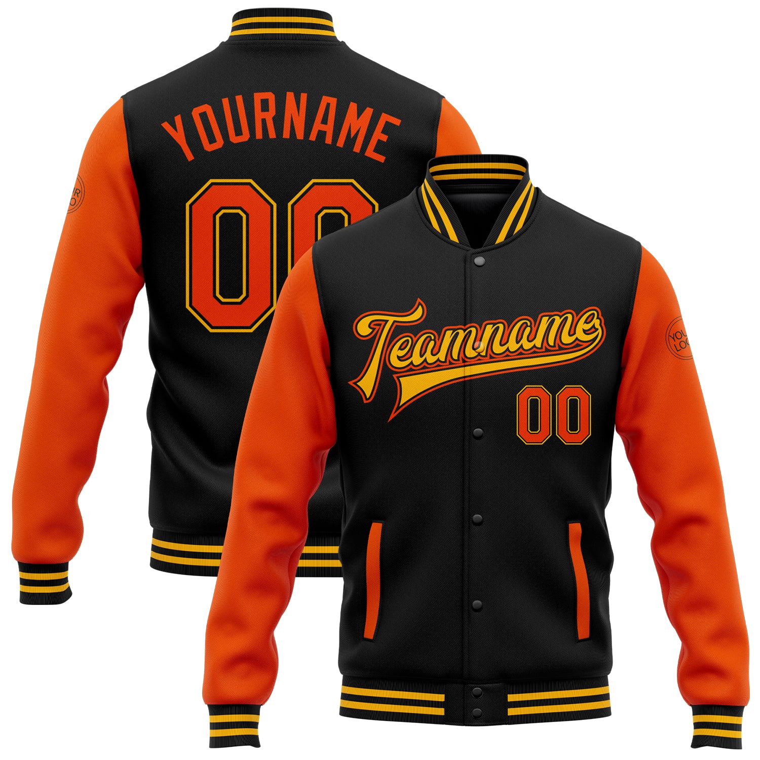 Custom Name and Number Two Tone Black Orange-Gold Varsity Letterman Bomber Full-Snap Jacket Personalized Black Orange-Gold