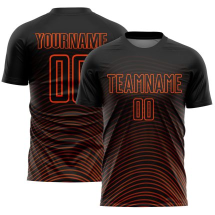 Custom Black Orange Gradient Geometric Lines Soccer Jersey Uniform for Men and Women Personalized Black Orange Gradient Geometric