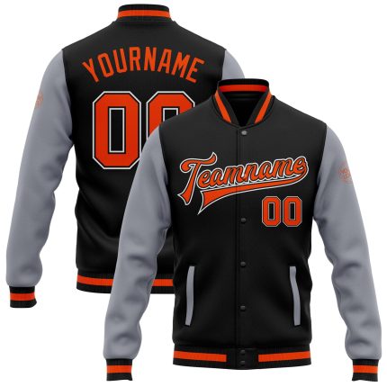 Personalized Varsity Letterman Bomber Jacket Black Orange Gray Full-Snap Two Tone Personalized Black Orange-Gray Bomber Full-Snap