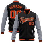 Custom Name and Number Varsity Letterman Bomber Jacket - Personalized Two Tone Black Orange-Gray Full-Snap Team Jacket Personalized