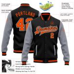 Custom Name and Number Varsity Letterman Bomber Jacket - Personalized Two Tone Black Orange-Gray Full-Snap Team Jacket Personalized
