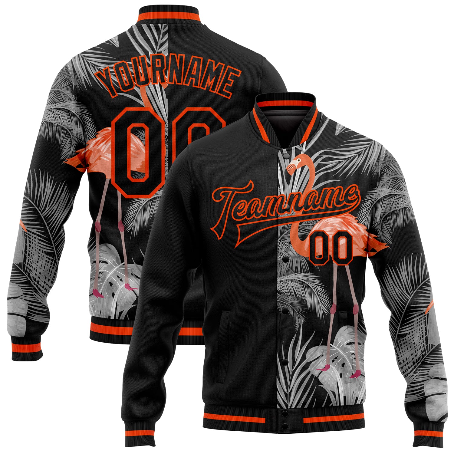 Personalized Tropical Hawaii Flamingo & Palm 3D Varsity Letterman Jacket - Black, Orange, Gray Full-Snap Bomber Personalized