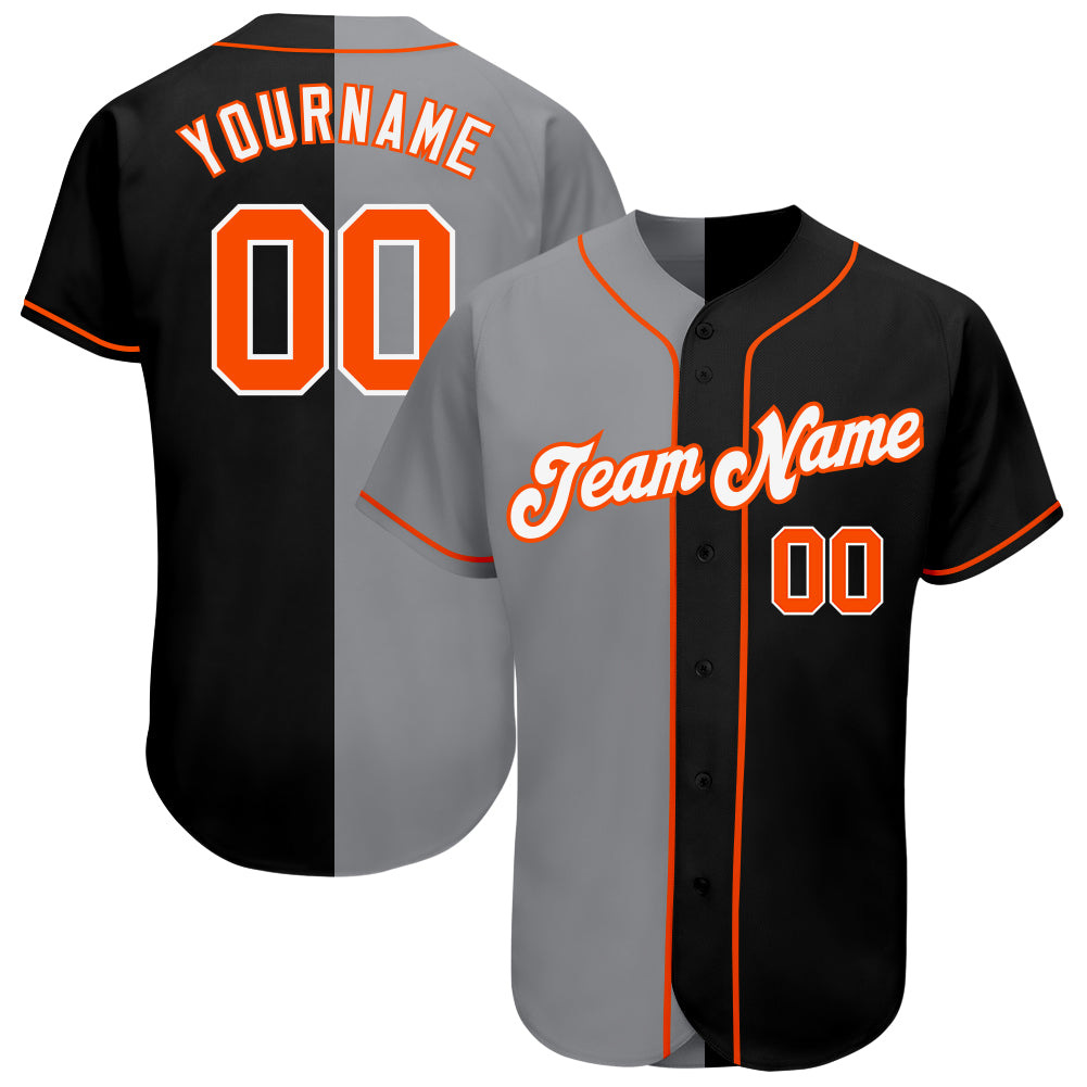 Personalized Fashion Baseball Jersey in Black Orange-Gray Split Design Personalized Black Orange-Gray Split Fashion Baseball