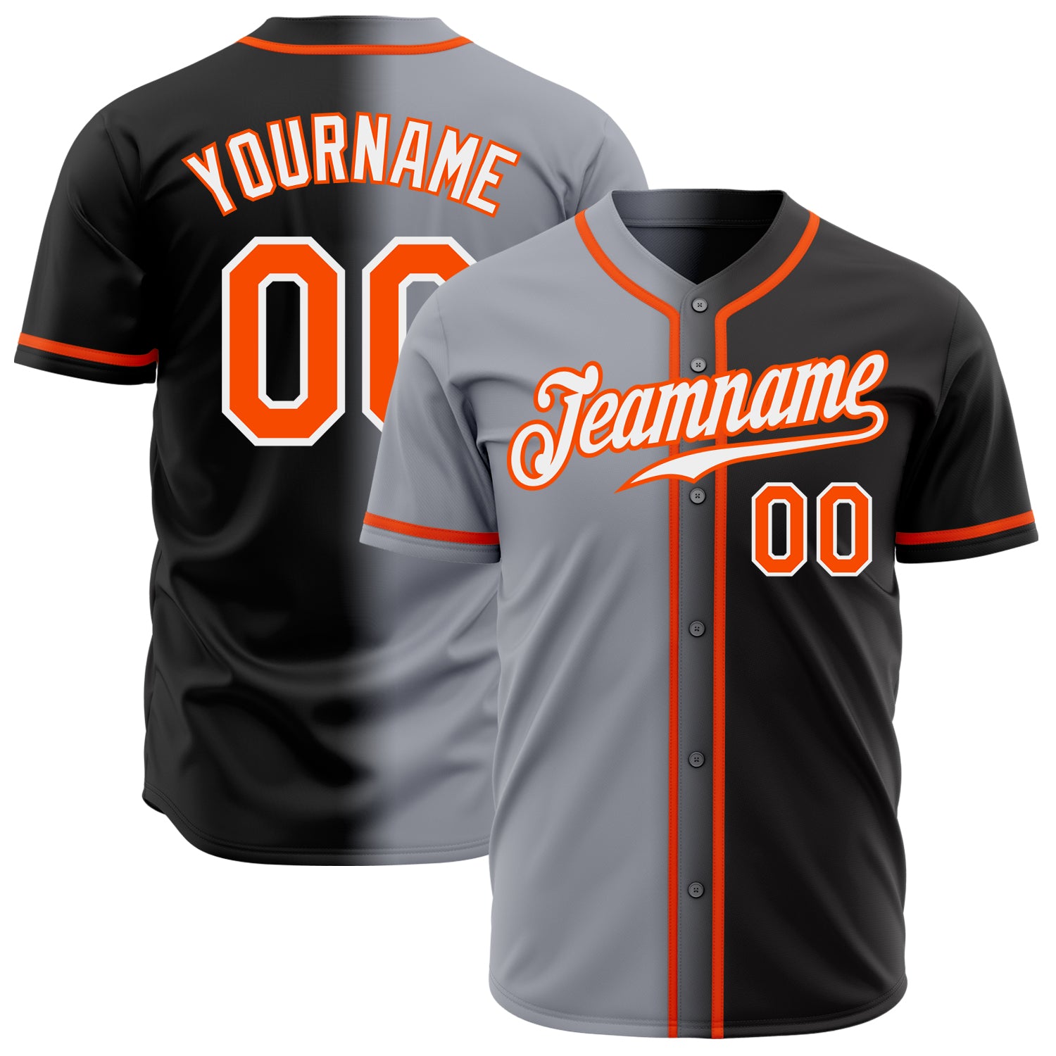 Personalized Fashion Baseball Jersey in Black Orange Gray White Gradient Personalized Black Orange Gray-White Gradient Fashion