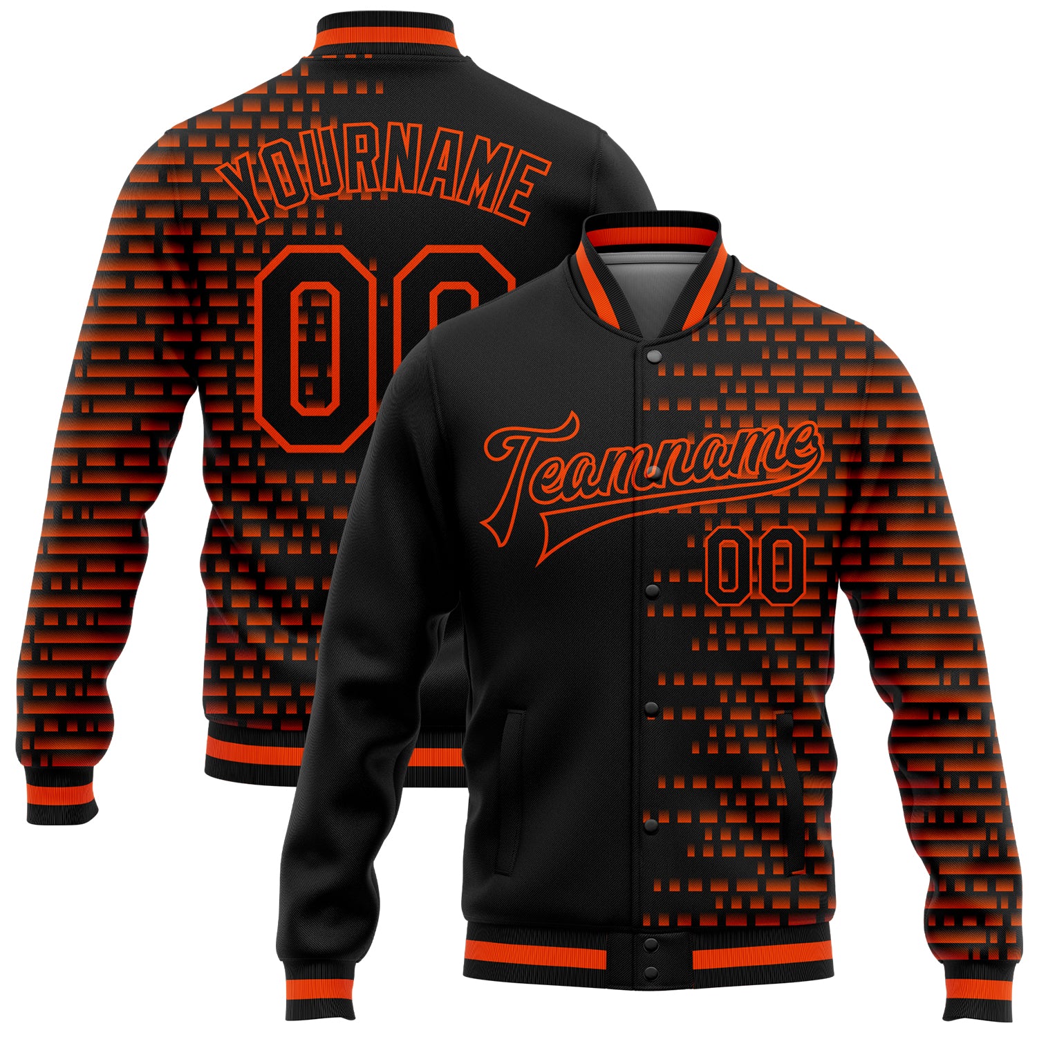 Personalized 3D Varsity Letterman Jacket in Black Orange Halftone - Full-Snap Bomber Style Personalized Black Orange Halftone