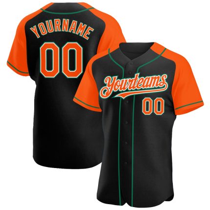 Custom Baseball Jersey with Personalized Name and Number - Black, Orange & Kelly Green Authentic Raglan Sleeves Personalized