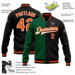 Custom Black Orange-Kelly Green Bomber Varsity Letterman Jacket Full-Snap Fashion Personalized Black Orange-Kelly Green Bomber