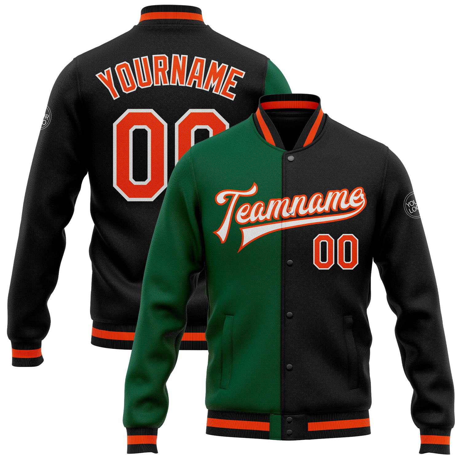 Custom Black Orange-Kelly Green Bomber Varsity Letterman Jacket Full-Snap Fashion Personalized Black Orange-Kelly Green Bomber