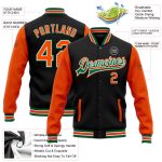 Personalized Two Tone Bomber Jacket Black Orange Kelly Green Full-Snap Varsity Letterman Personalized Black Orange-Kelly