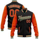 Personalized Two Tone Bomber Jacket Black Orange Kelly Green Full-Snap Varsity Letterman Personalized Black Orange-Kelly