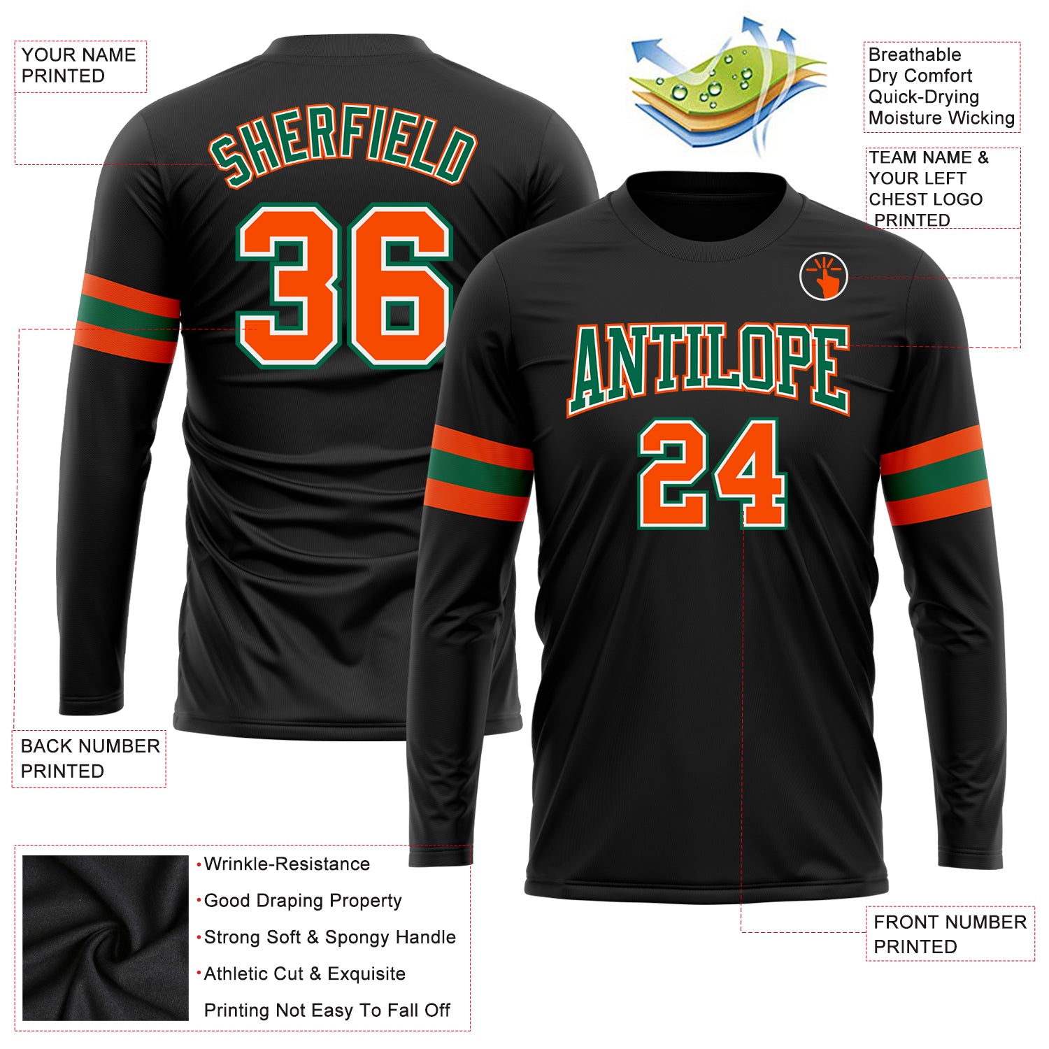 Personalized Black Orange Kelly Green White Long Sleeve Performance Tee Shirt Personalized Black Orange Kelly Green-White - Image 3