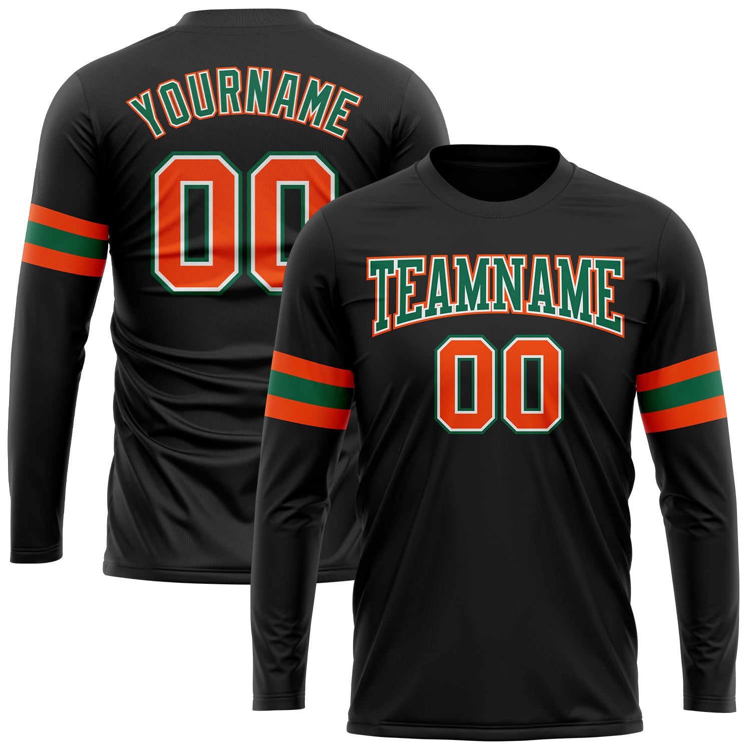 Custom Team Performance T-Shirt - Personalized Black Orange Kelly Green White Long Sleeve with Name and Number Personalized