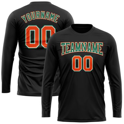 Personalized Black Orange Kelly Green White Long Sleeve Performance Tee Shirt Personalized Black Orange Kelly Green-White