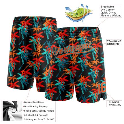 Personalized Basketball Shorts with Black Orange-Lakes Blue 3D Hawaii Coconut Palms Design Personalized Black Orange-Lakes