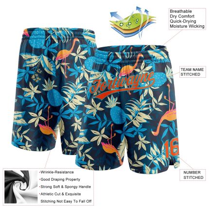 Personalized Flamingo Basketball Shorts with Black Orange-Lakes Blue 3D Palm Leaves Personalized Black Orange-Lakes Blue