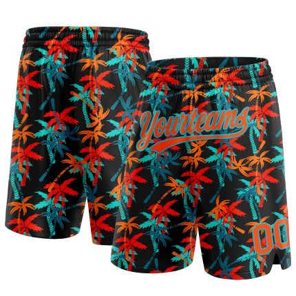 Custom Name and Number Basketball Shorts - 3D Pattern Hawaii Coconut Palms Black Orange Lakes Blue, Authentic Design Personalized