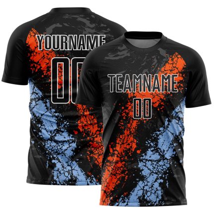 Personalized Dripping Splatter Soccer Uniform Jersey - Black Light Blue Orange Personalized Black Orange-Light Blue Dripping