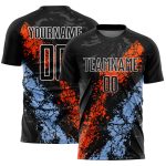 Custom Name and Number Sublimation Soccer Jersey - Personalized Black Orange-Light Blue Dripping Splatter Art Design Personalized