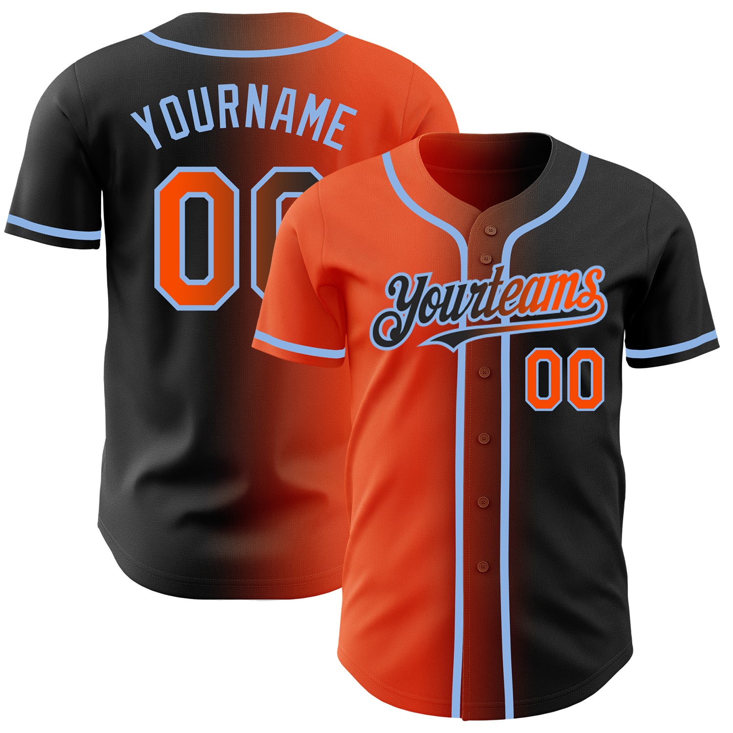 Personalized Gradient Baseball Jersey in Black, Orange & Light Blue - Stylish Custom Apparel Personalized Black Orange-Light