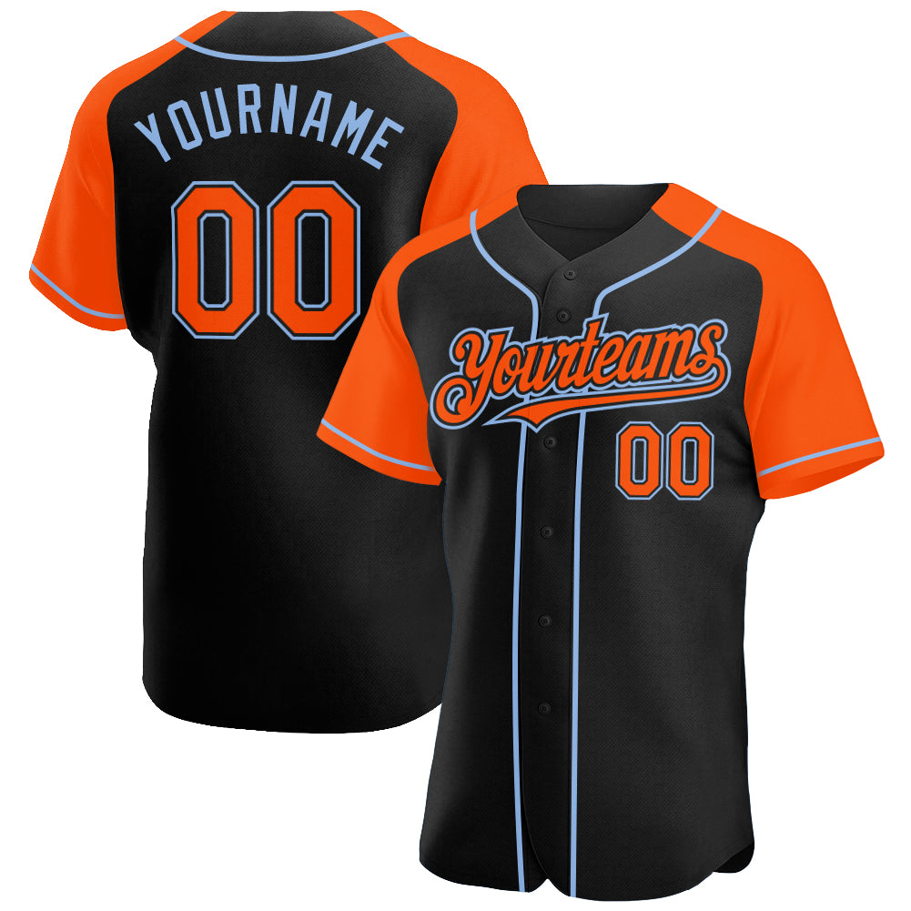 Personalized Black Orange Light Blue Baseball Jersey with Raglan Sleeves Personalized Black Orange-Light Blue Raglan Sleeves