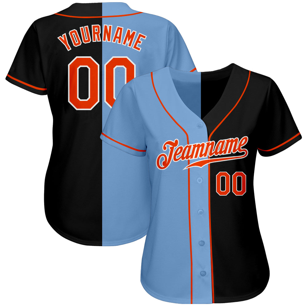 Personalized Black Orange-Light Blue Split Fashion Baseball Jersey Personalized Black Orange Light Blue Split Fashion Baseball Jersey for Men and Women Personalized Black Orange-Light Blue - Image 2