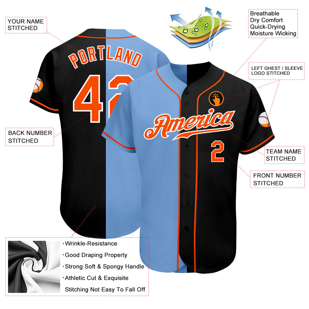Personalized Black Orange-Light Blue Split Fashion Baseball Jersey Personalized Black Orange Light Blue Split Fashion Baseball Jersey for Men and Women Personalized Black Orange-Light Blue - Image 3