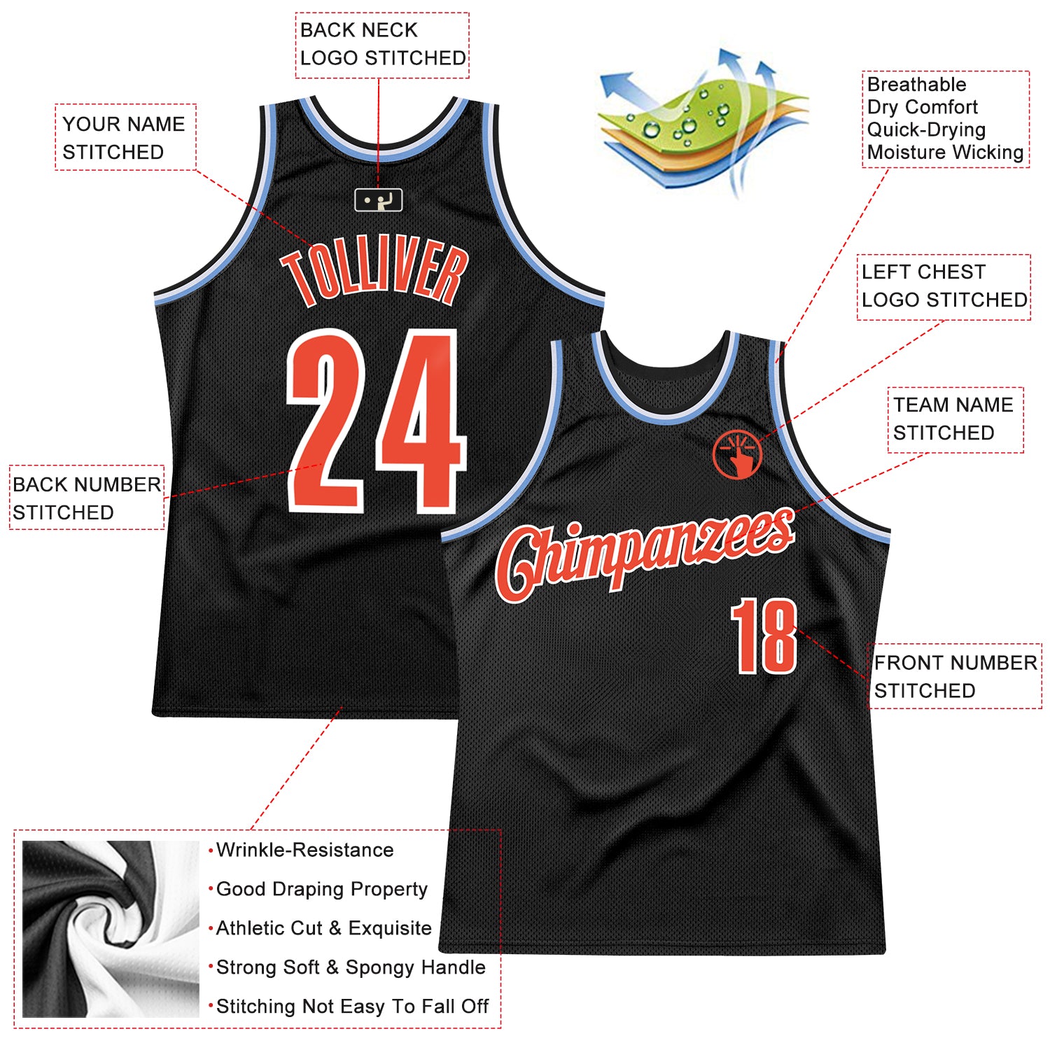 Personalized Black Orange-Light Blue Throwback Basketball Jersey Personalized Black Orange Light Blue Basketball Jersey for Men and Women - Throwback Style Personalized Black Orange-Light - Image 2