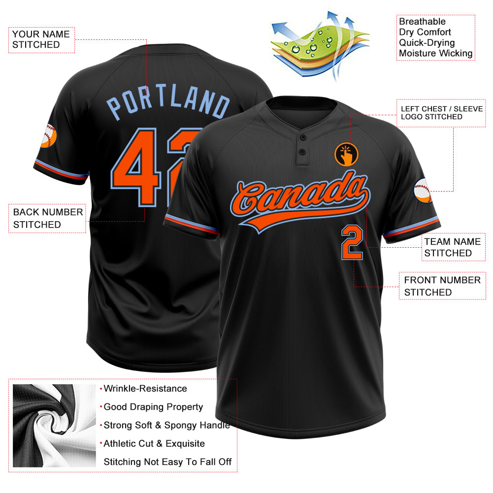 Personalized Black Orange-Light Blue Two-Button Unisex Softball Jersey Personalized Unisex Softball Jersey - Black Orange Light Blue Two-Button Style Personalized Black Orange-Light Blue Two-Button - Image 3