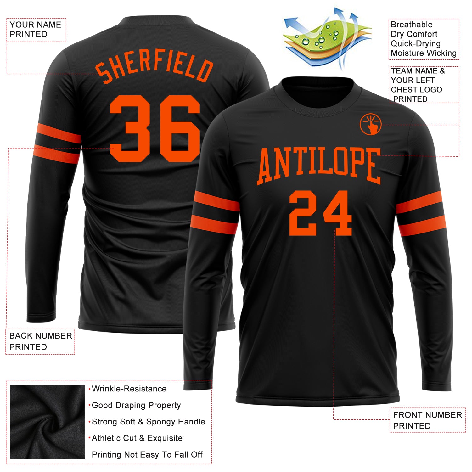 Personalized Black Orange Long Sleeve Performance T-Shirt Team Custom Name and Number Custom Team Name Number Long Sleeve Performance T-Shirt - Personalized Black Orange Apparel Personalized Black Orange Long - Image 3