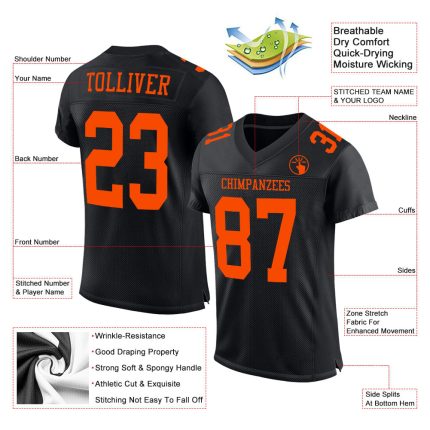 Custom Black Orange Football Jersey - Personalized Team Name and Number, Authentic Mesh Design Personalized Black Orange