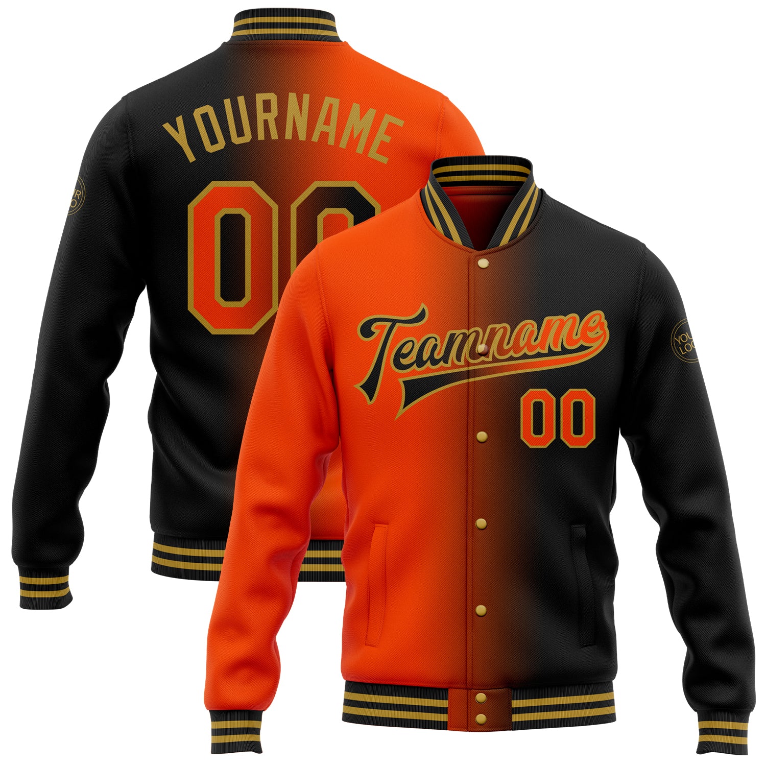 Personalized Gradient Fashion Jacket - Black, Orange & Old Gold Bomber Full-Snap Varsity Letterman Personalized Black Orange-Old