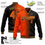 Personalized Gradient Fashion Jacket - Black, Orange & Old Gold Bomber Full-Snap Varsity Letterman Personalized Black Orange-Old
